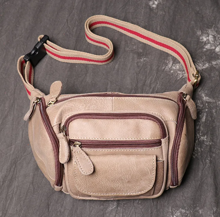 Full Grain Leather Fanny Pack Single Stripe Chest Bag Casual Waist Bag