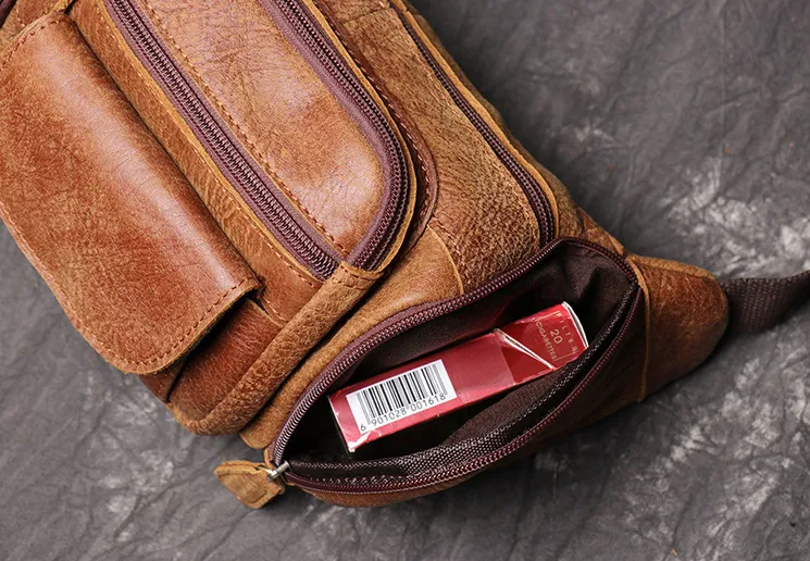 Full Grain Leather Fanny Pack Single Stripe Chest Bag Casual Waist Bag