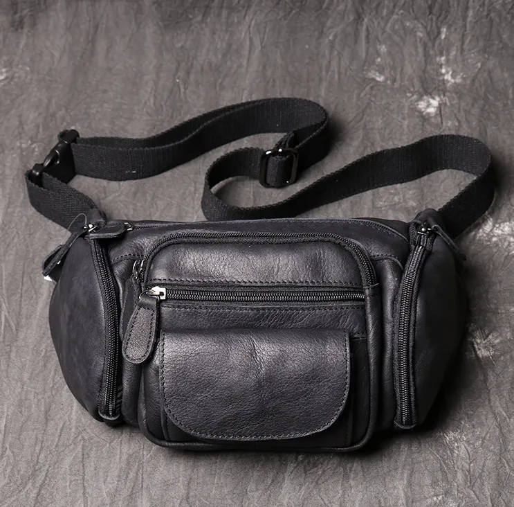 Full Grain Leather Fanny Pack Single Stripe Chest Bag Casual Waist Bag