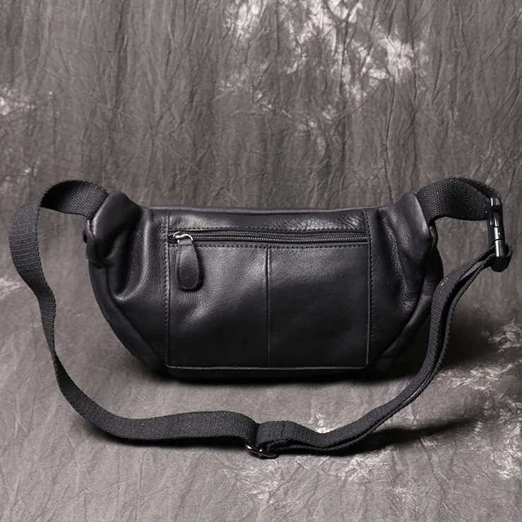 Full Grain Leather Fanny Pack Single Stripe Chest Bag Casual Waist Bag