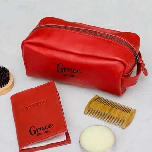 Genuine Leather Travel Set - Red