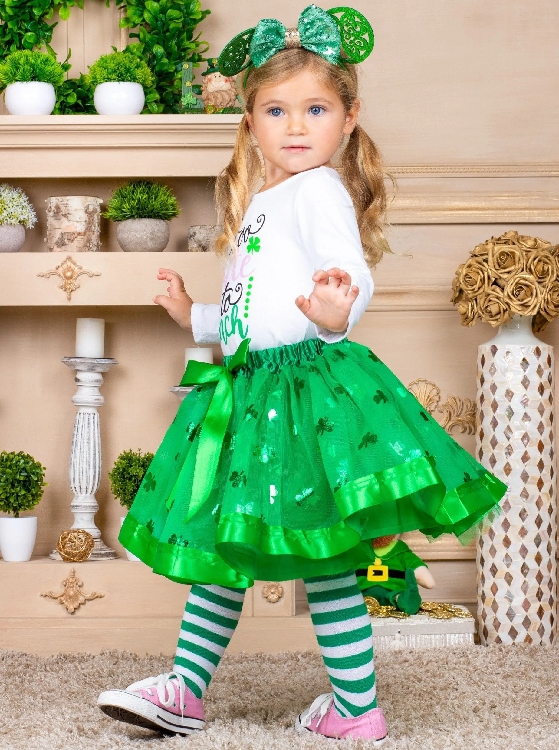 Girls "Too Cute" Top with Tutu Skirt and Knee Socks Set