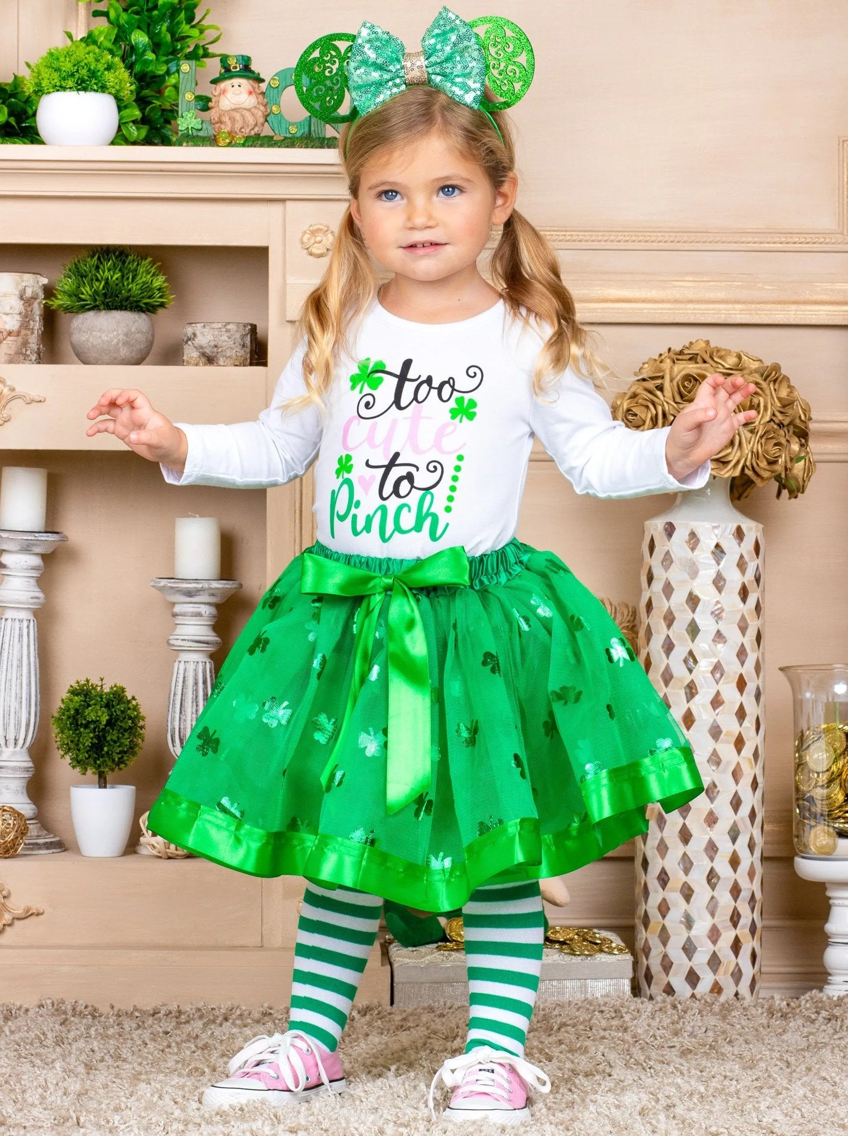 Girls "Too Cute" Top with Tutu Skirt and Knee Socks Set