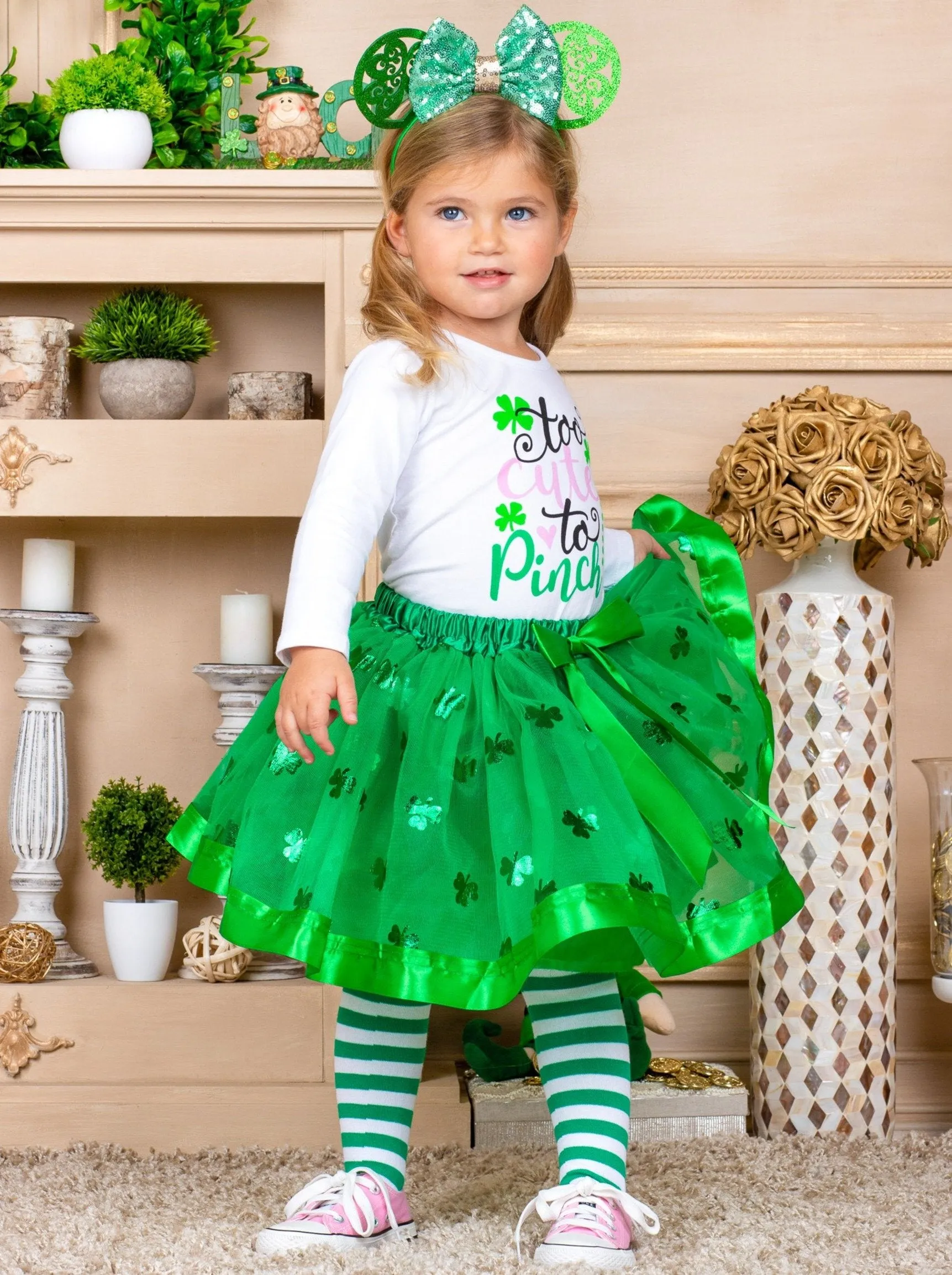 Girls "Too Cute" Top with Tutu Skirt and Knee Socks Set