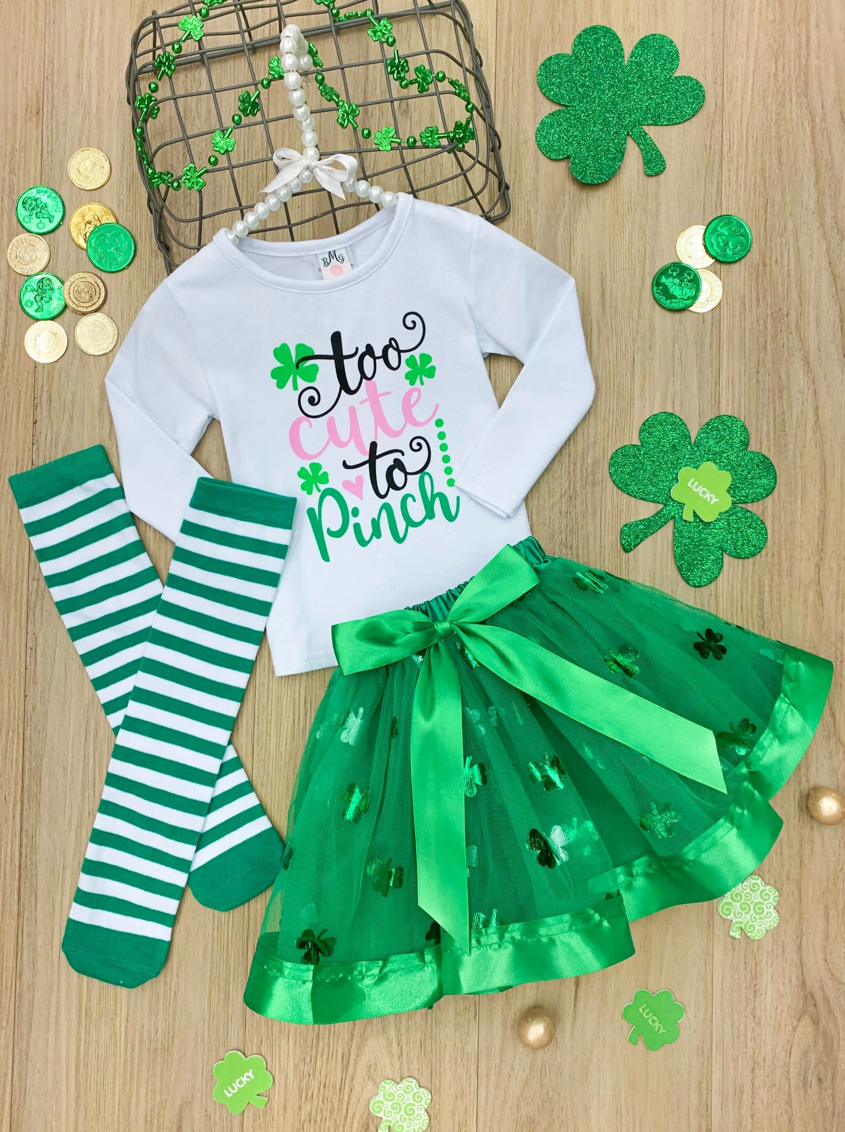 Girls "Too Cute" Top with Tutu Skirt and Knee Socks Set