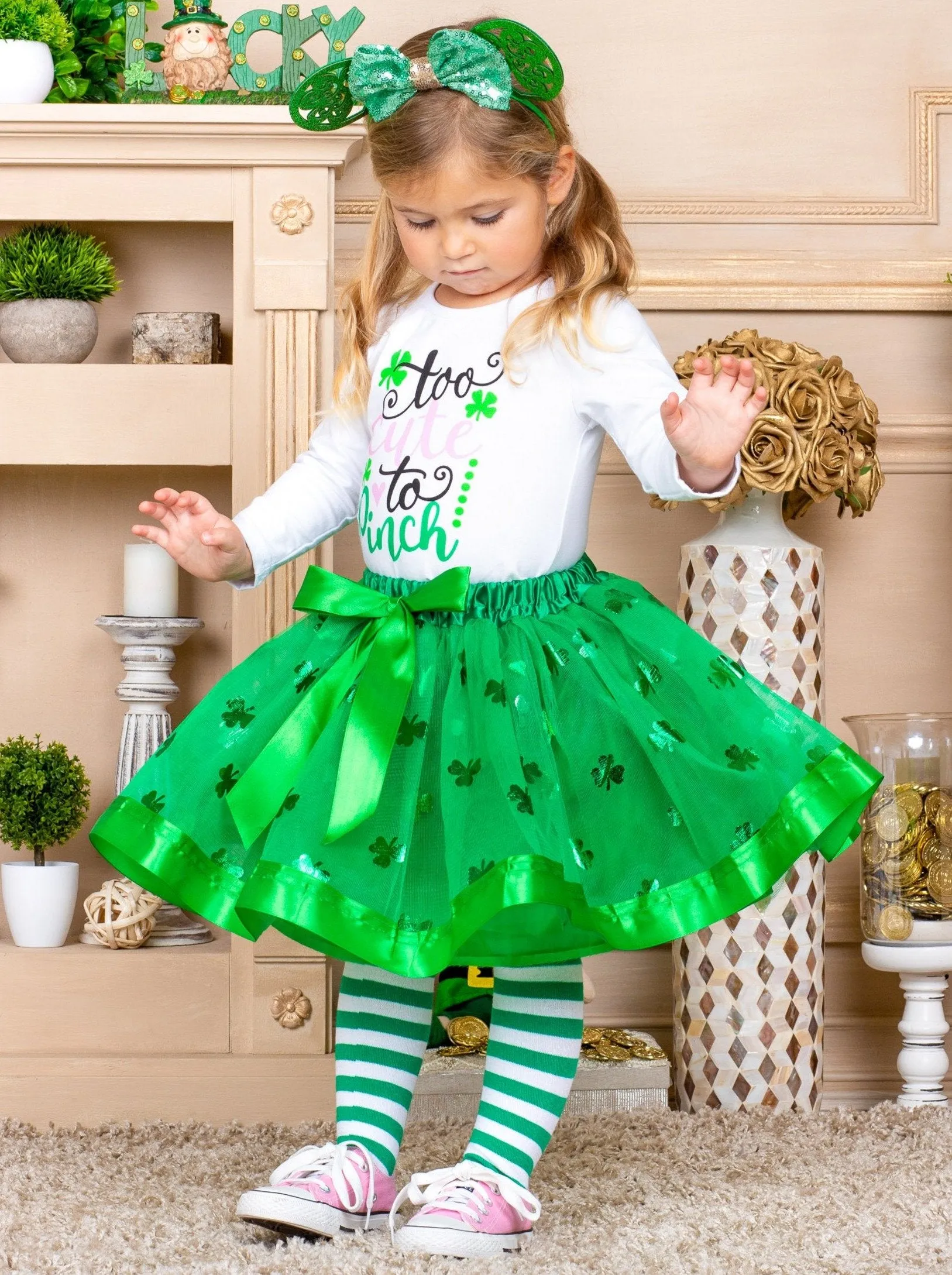 Girls "Too Cute" Top with Tutu Skirt and Knee Socks Set