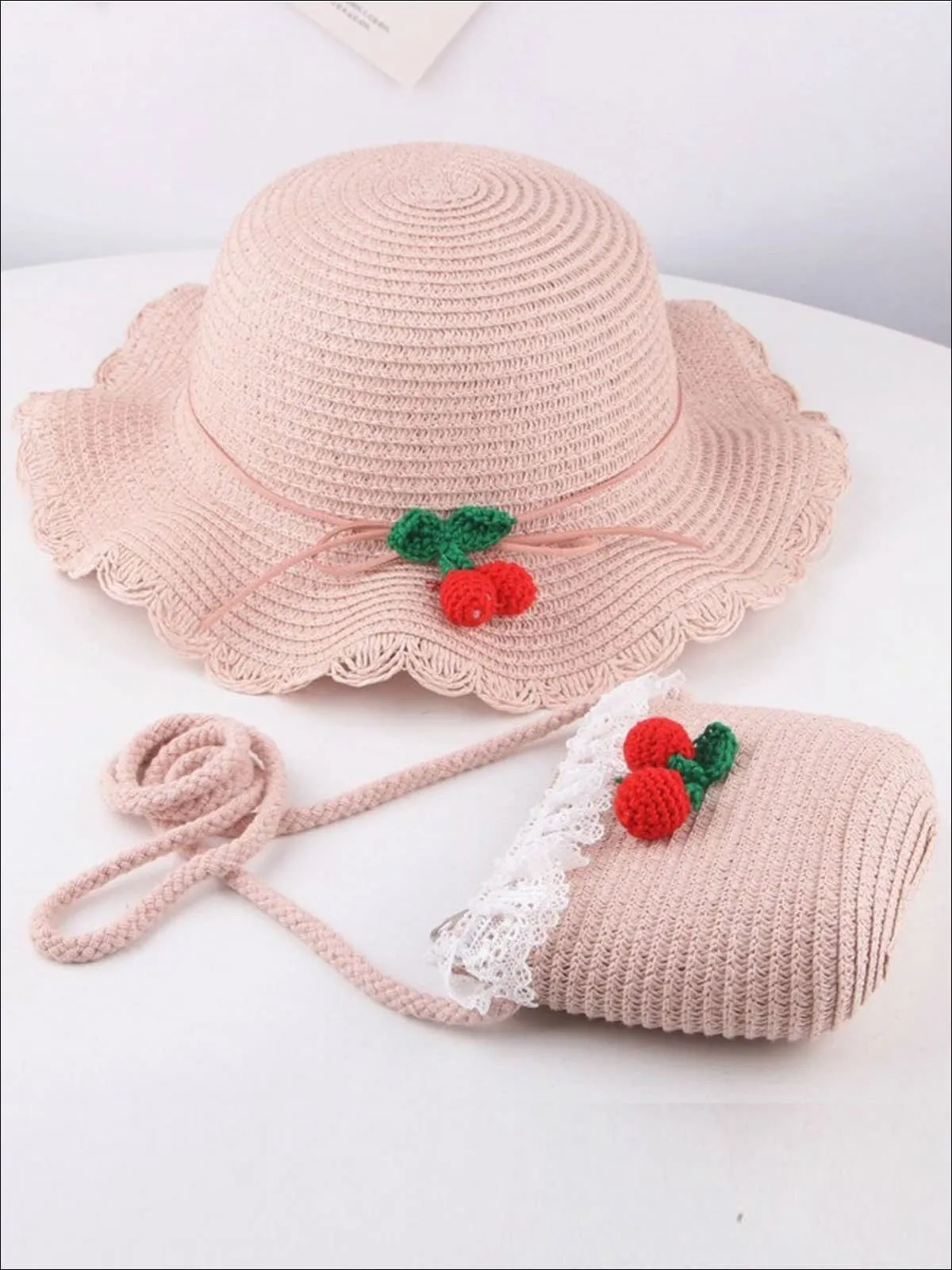 Girls Retro Straw Hat and Matching Mini Purse With Cherries