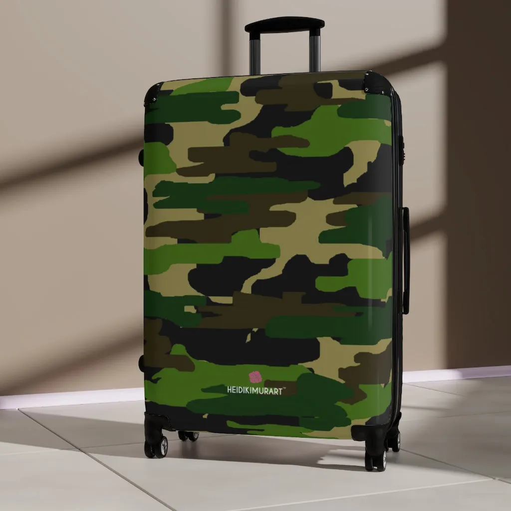 Green Camo Print Suitcases, Military Camo Print Designer Suitcase Luggage (Small, Medium, Large)