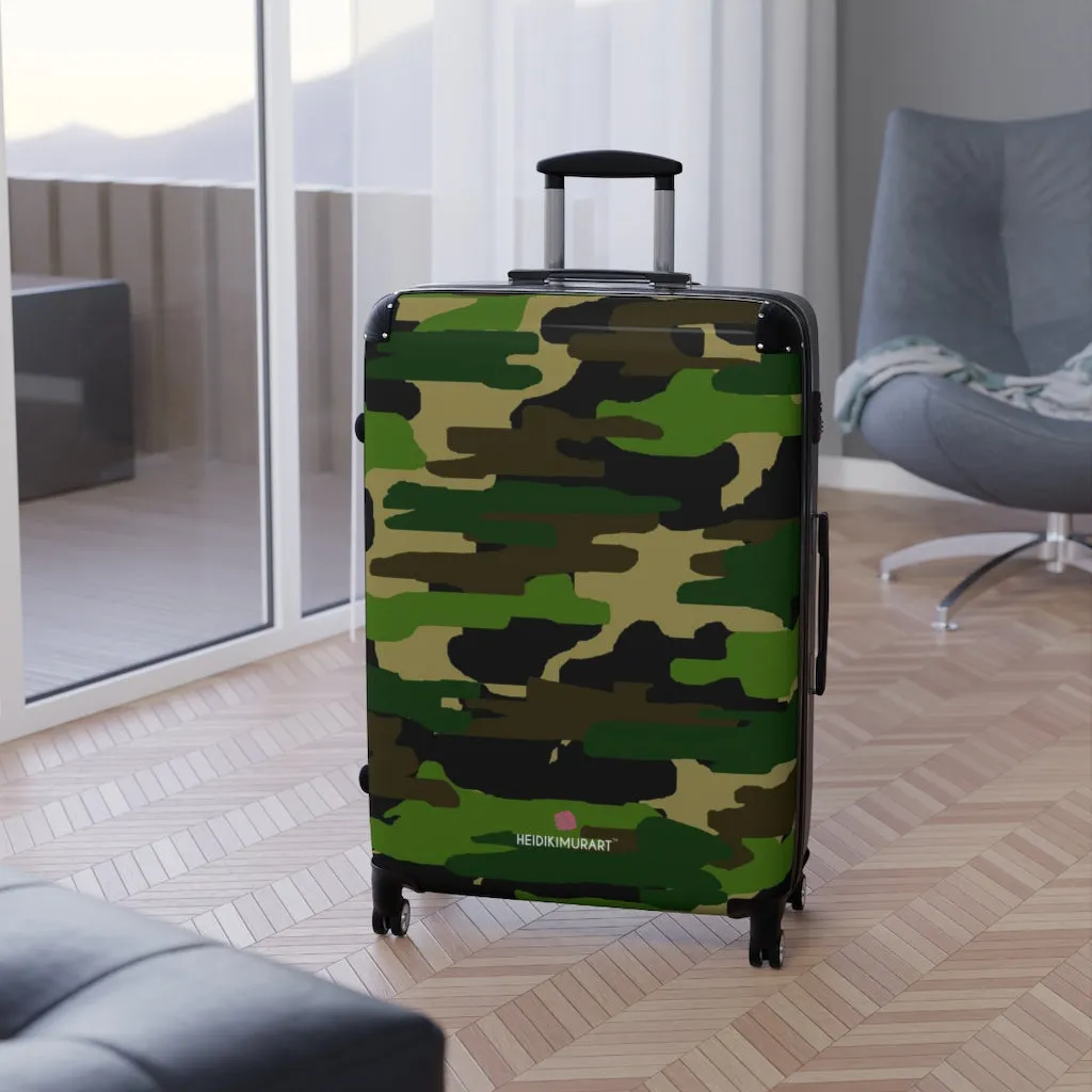 Green Camo Print Suitcases, Military Camo Print Designer Suitcase Luggage (Small, Medium, Large)