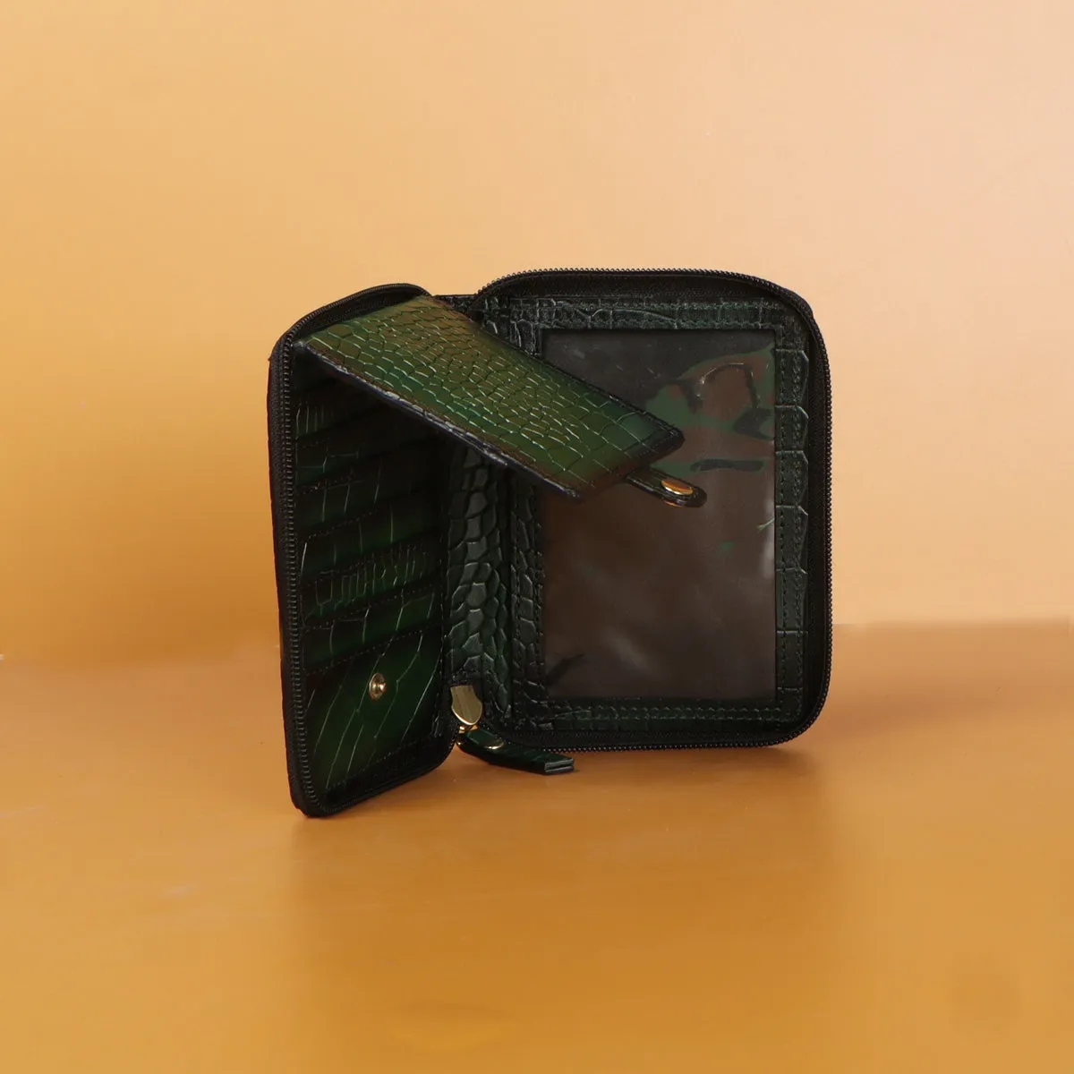 Green Deep Cut Croco Print Leather Passport Holder || Card Holder || Wallet