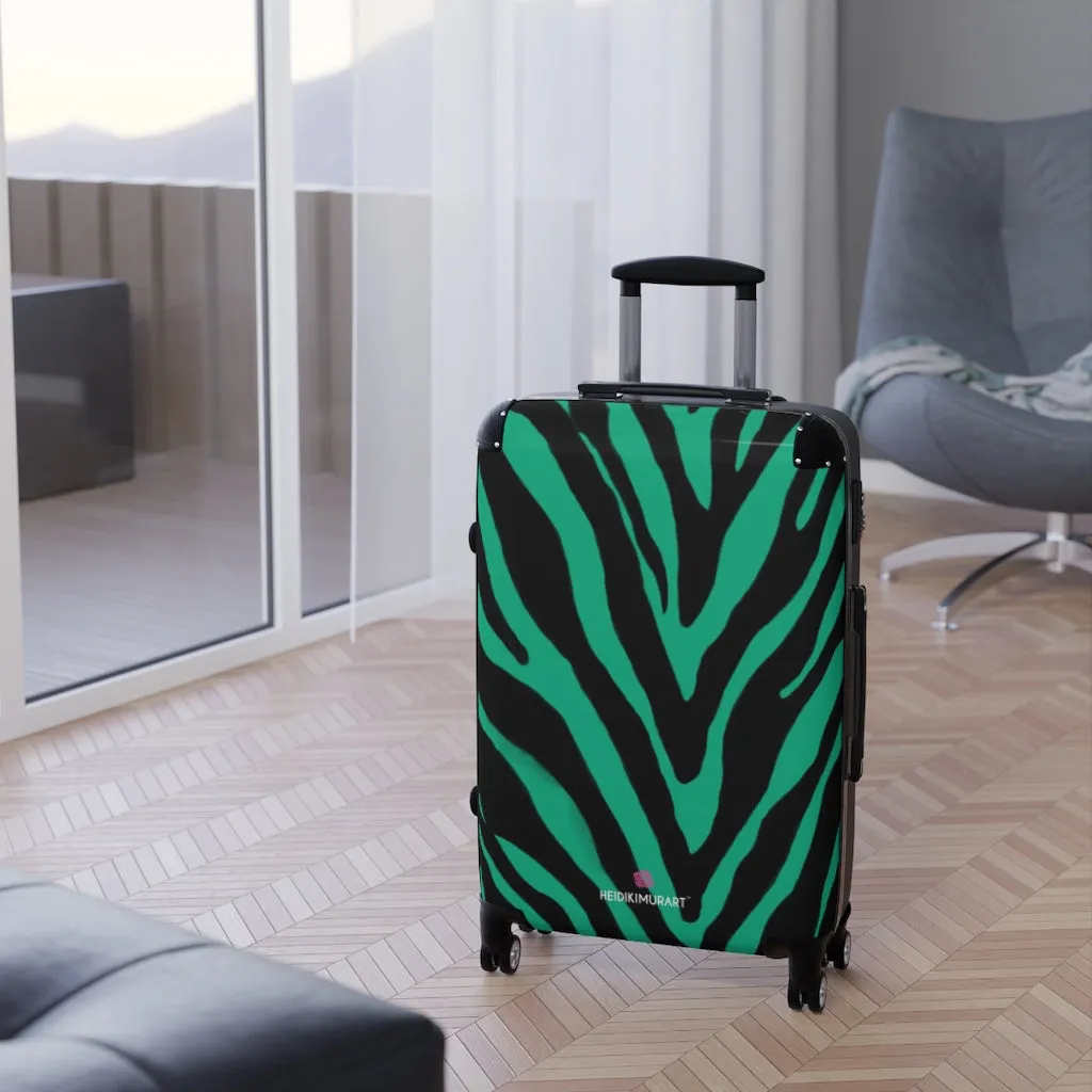 Green Zebra Striped Print Suitcases, Zebra Striped Animal Print Designer Suitcase Luggage (Small, Medium, Large)