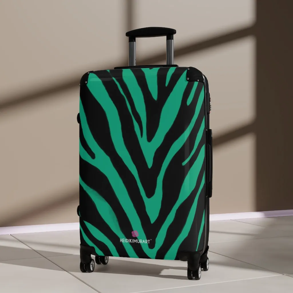 Green Zebra Striped Print Suitcases, Zebra Striped Animal Print Designer Suitcase Luggage (Small, Medium, Large)