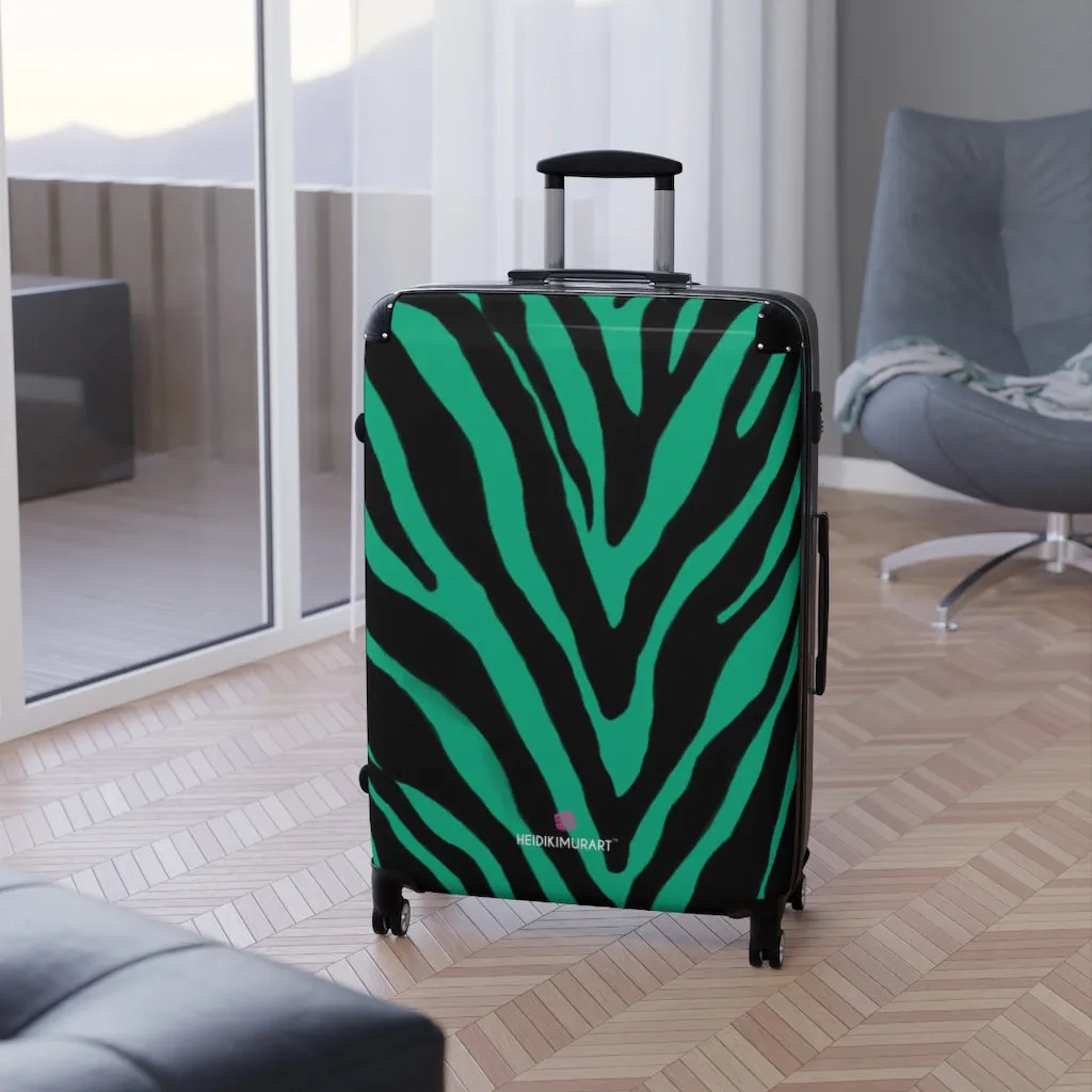 Green Zebra Striped Print Suitcases, Zebra Striped Animal Print Designer Suitcase Luggage (Small, Medium, Large)