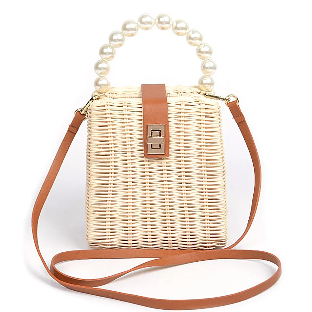 Ivory Straw Leather Strap Body Toe Bag