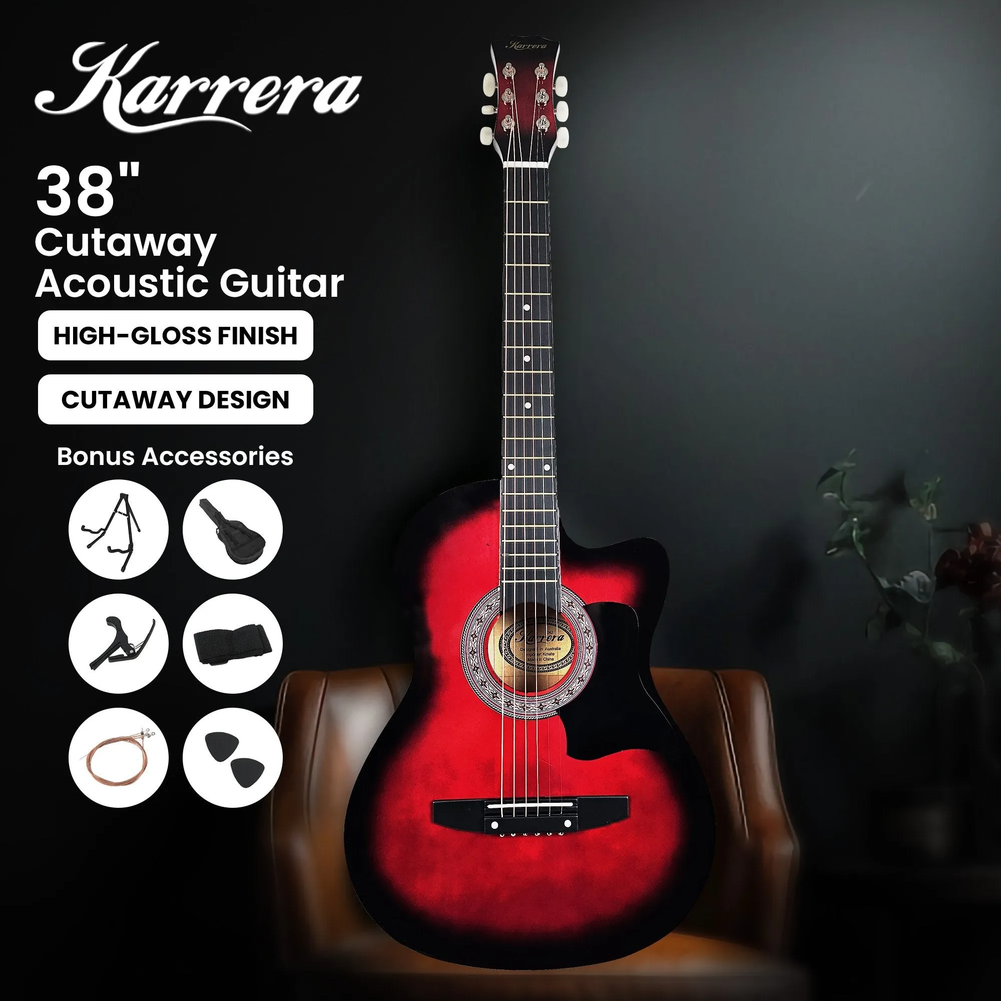 Karrera 38" Pro Cutaway Acoustic Guitar with Carry Bag (Red Burst)