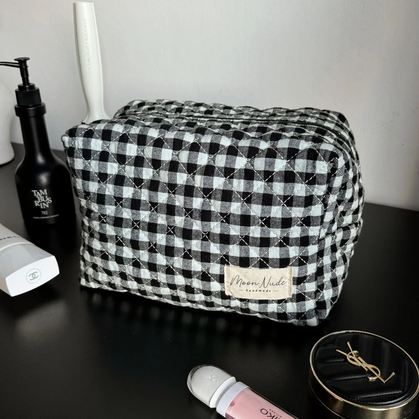 Large Cosmetic Bag - Black Gingham