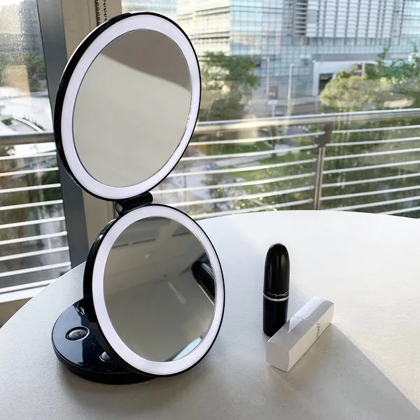 LED Lighted 3-fold Travel Compact Makeup Mirror - 1X/7X Magnification USB Powered