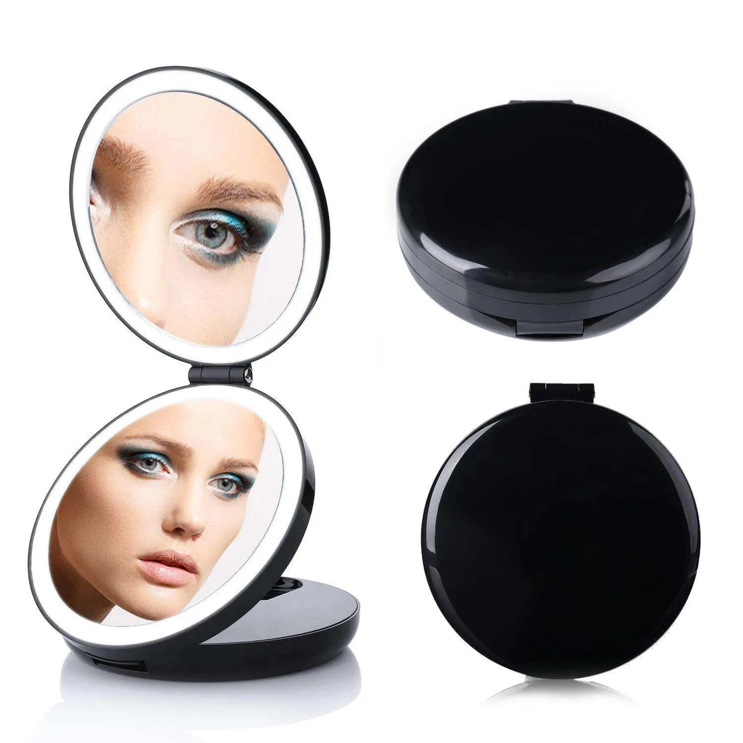 LED Lighted 3-fold Travel Compact Makeup Mirror - 1X/7X Magnification USB Powered