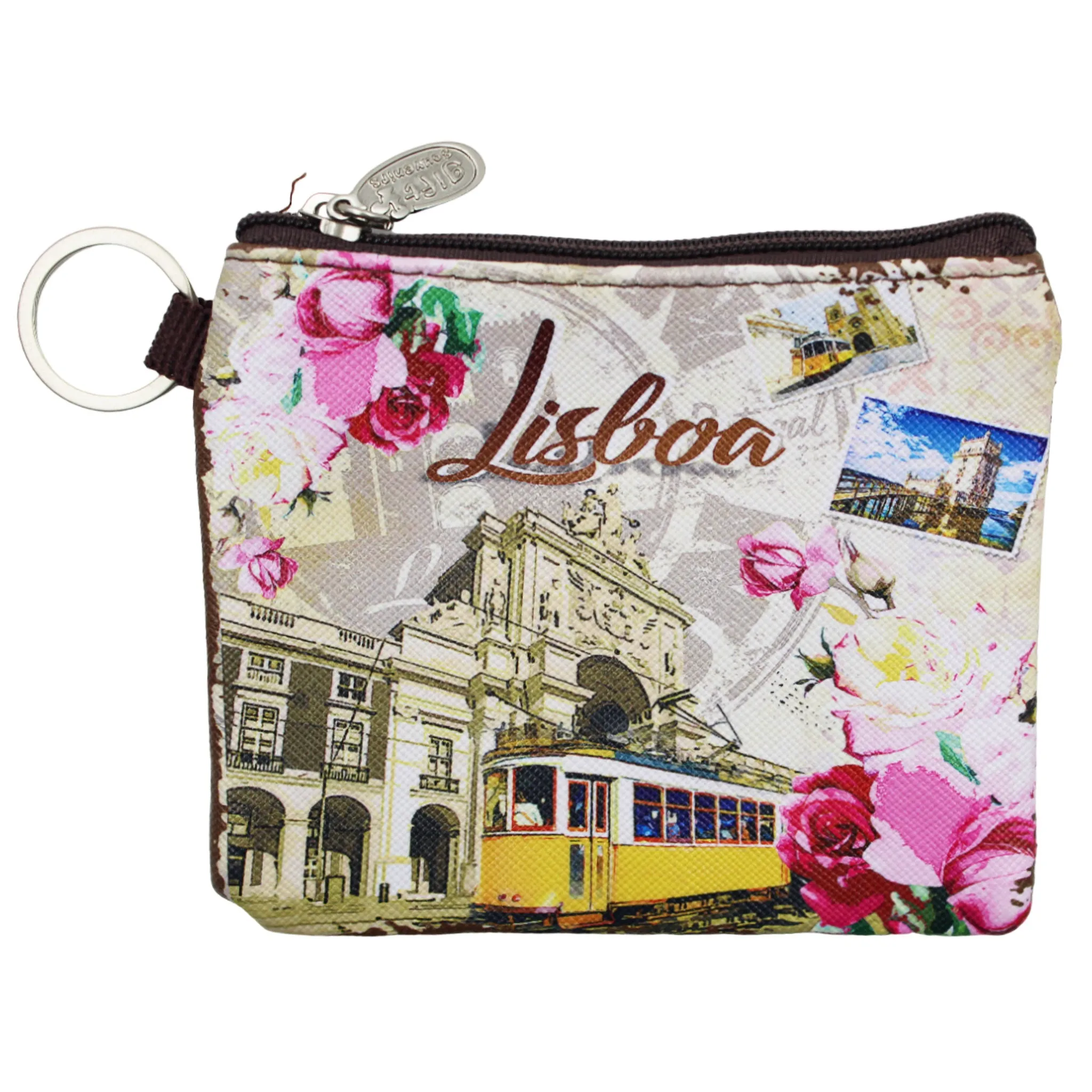 Lisboa Portugal Coin Purse with Pink Floral Motifs, Yellow Lisbon Tram Design, Zipper Closure