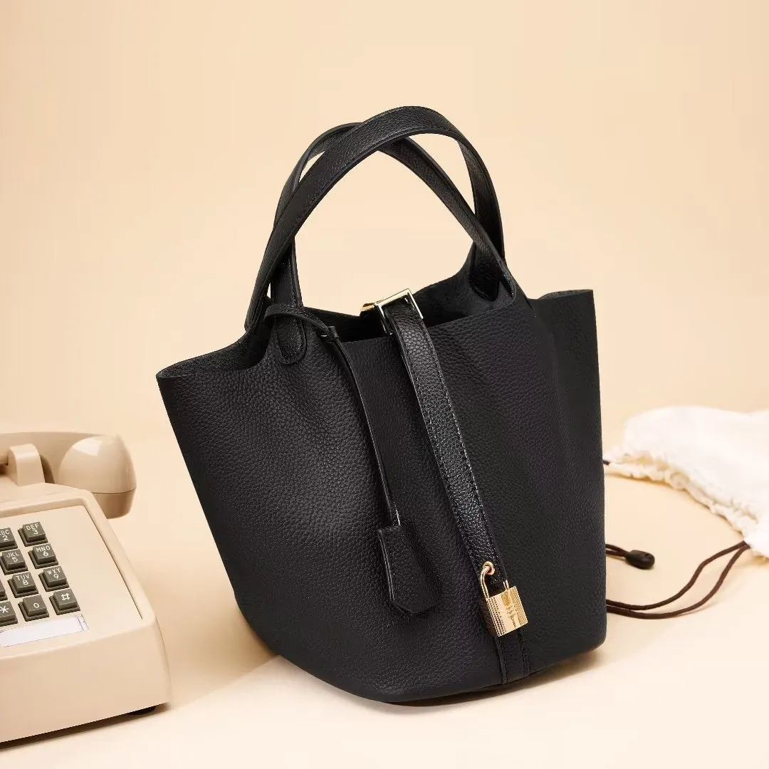 LuxeLeather Chic Closure Bucket Bag