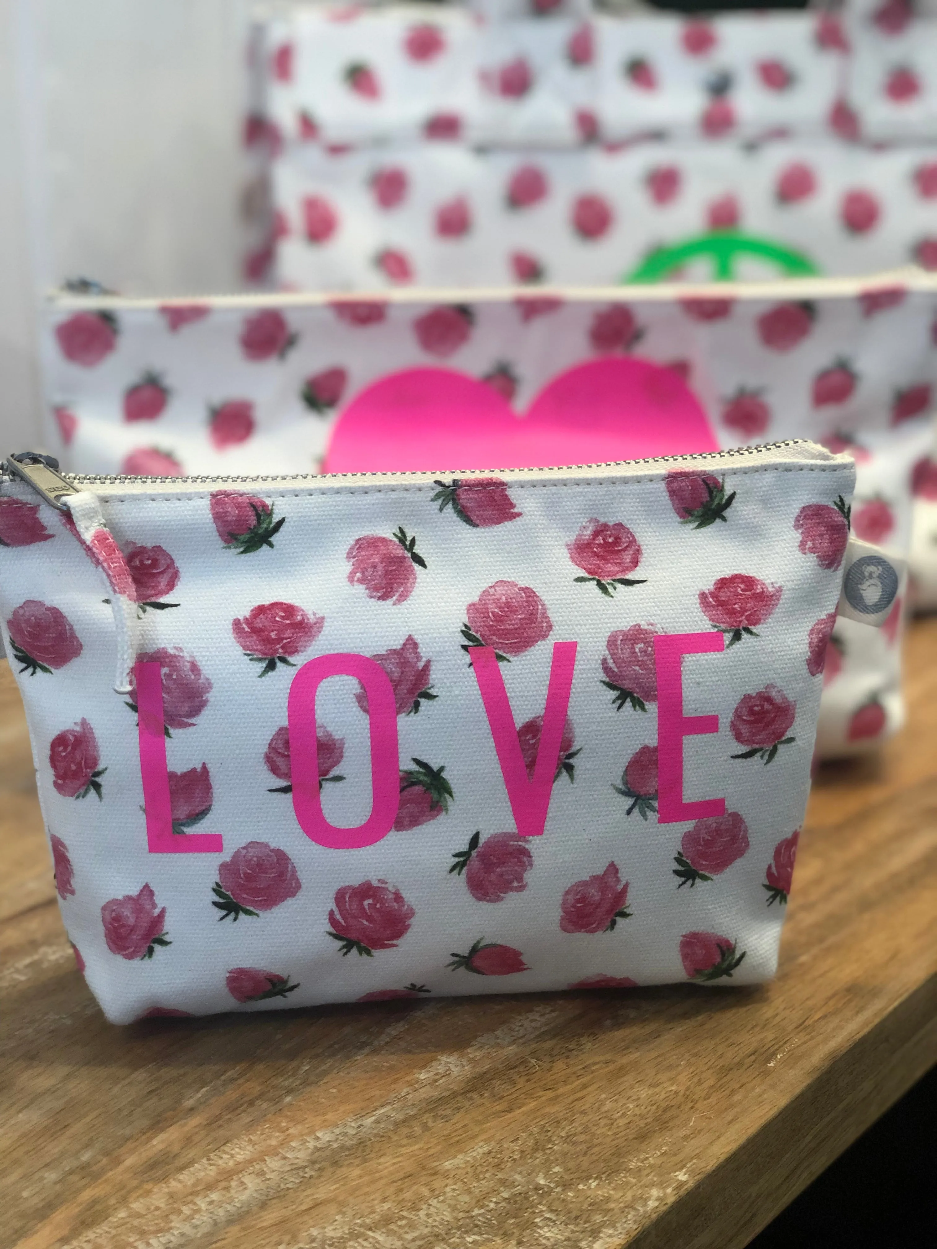 Makeup Bag: White Floral with Neon Pink LOVE