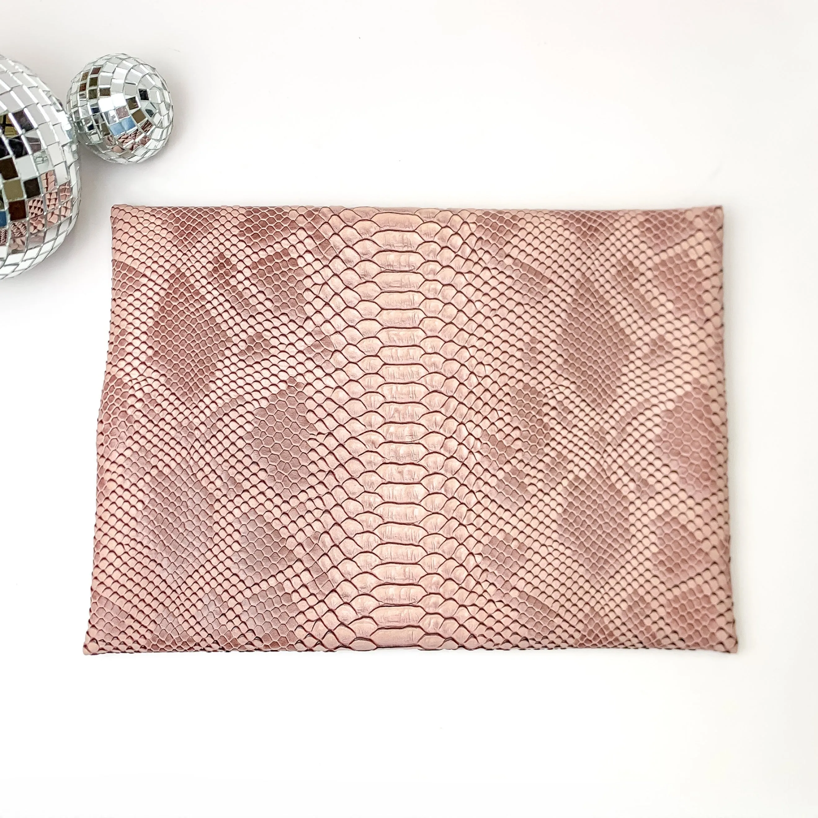 Makeup Junkie | Medium Copperazzi Lay Flat Bag in Dusty Pink Snake Print