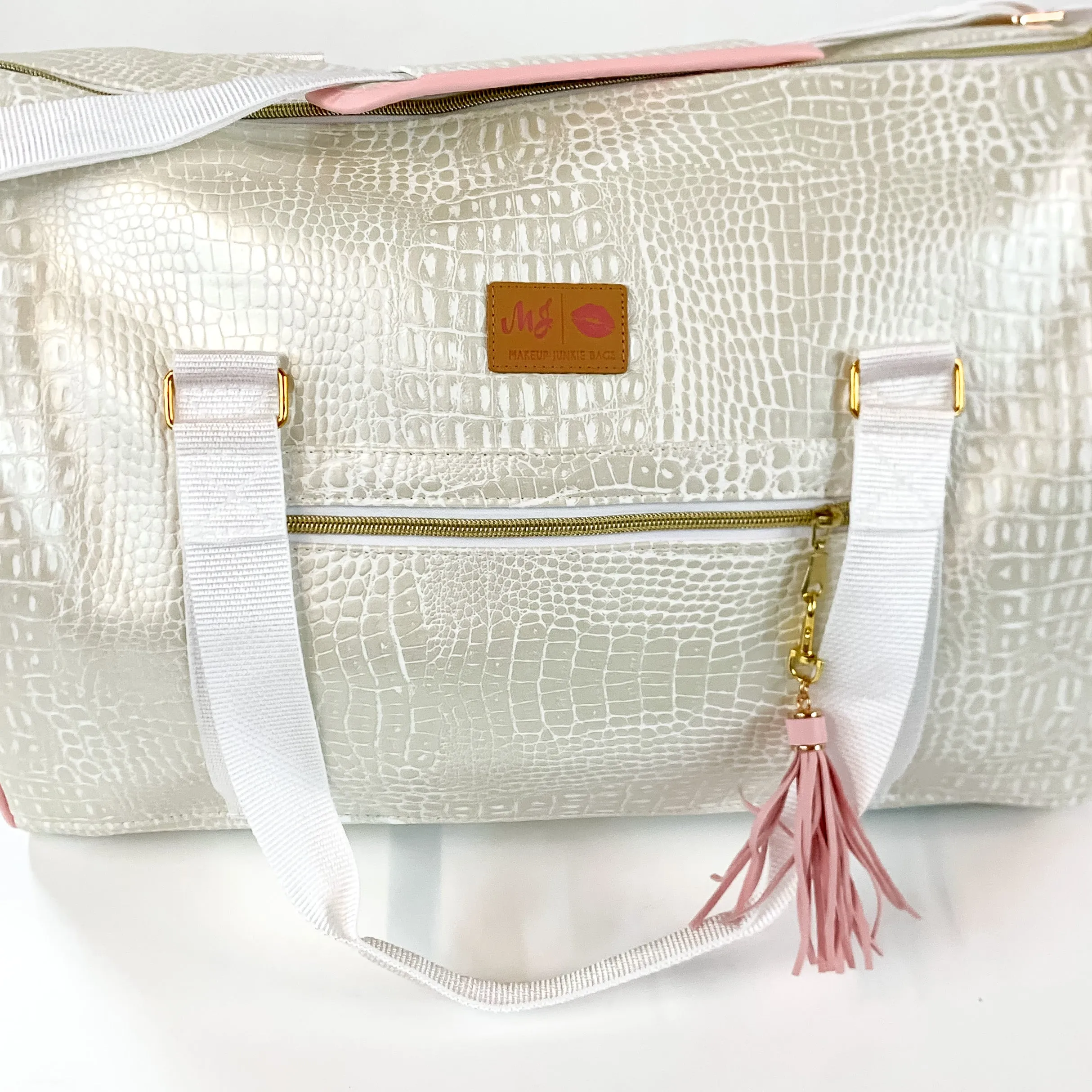 Makeup Junkie | Shade of Pearl Duffel Bag in Pearl White Croc Print