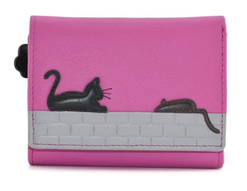 Mala Leather Cat & Mouse Tri Fold Purse Pink