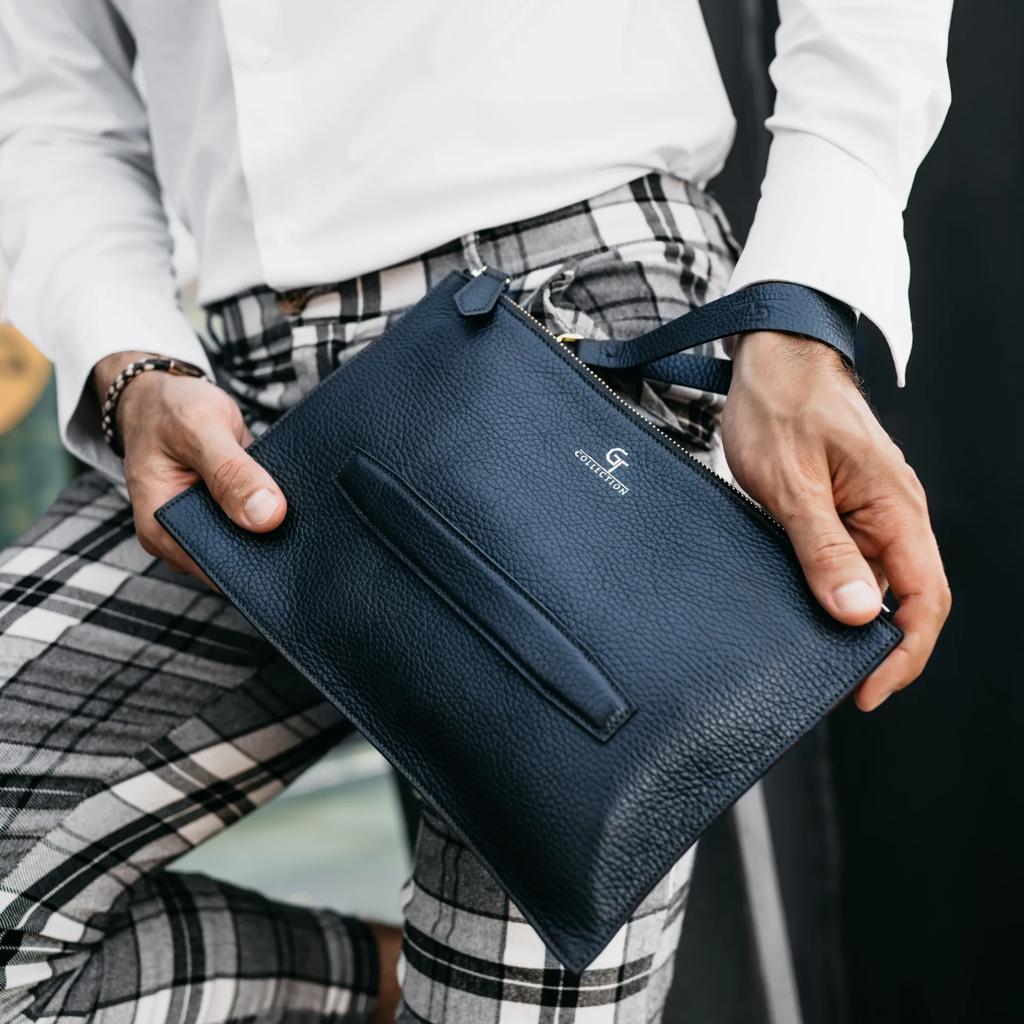 Men's Leather Hand Bag - Blue with golden details