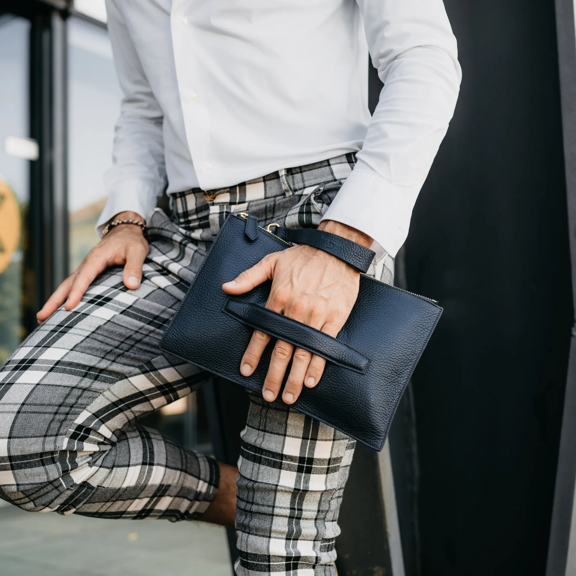 Men's Leather Hand Bag - Blue with golden details