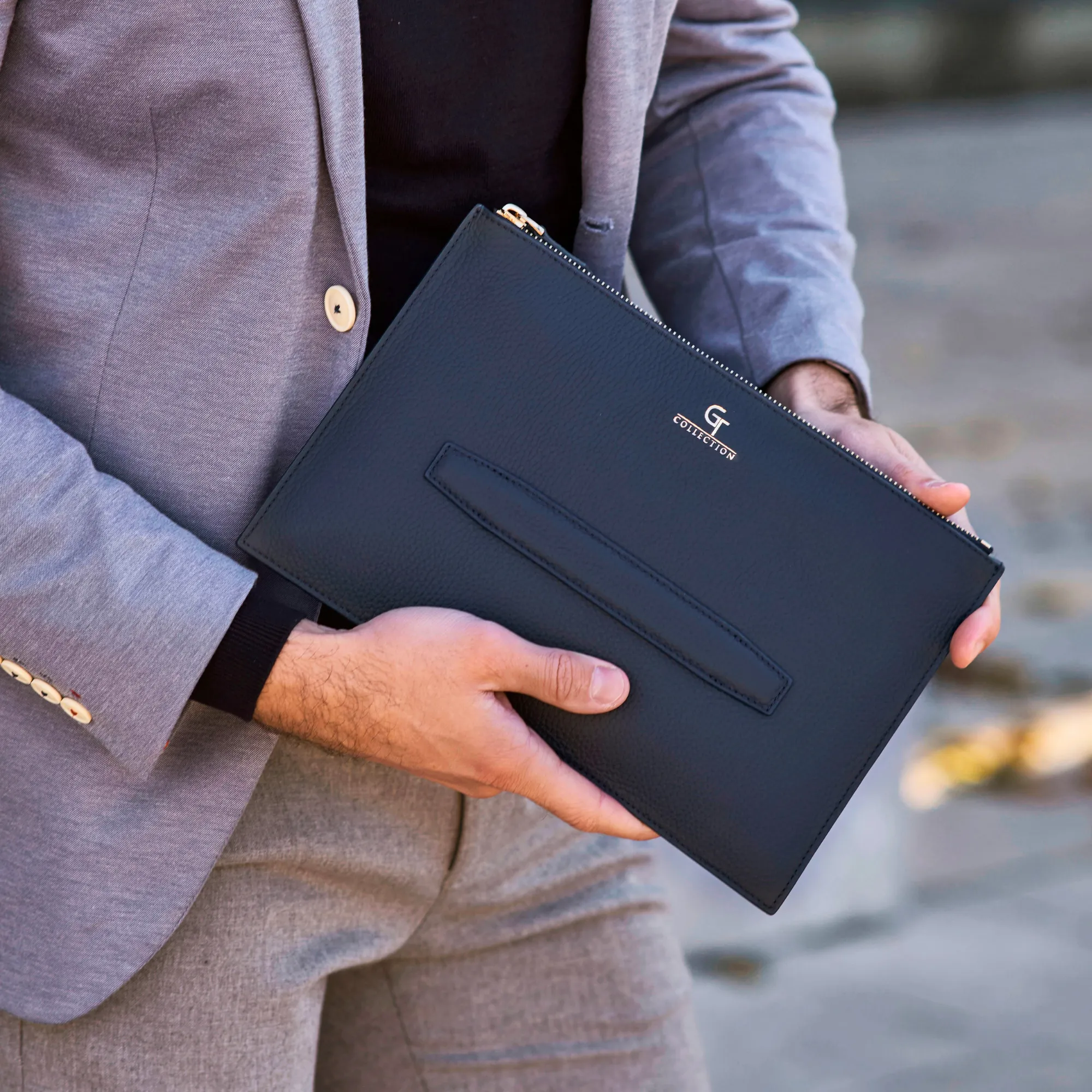 Men's Leather Hand Bag - Blue with golden details