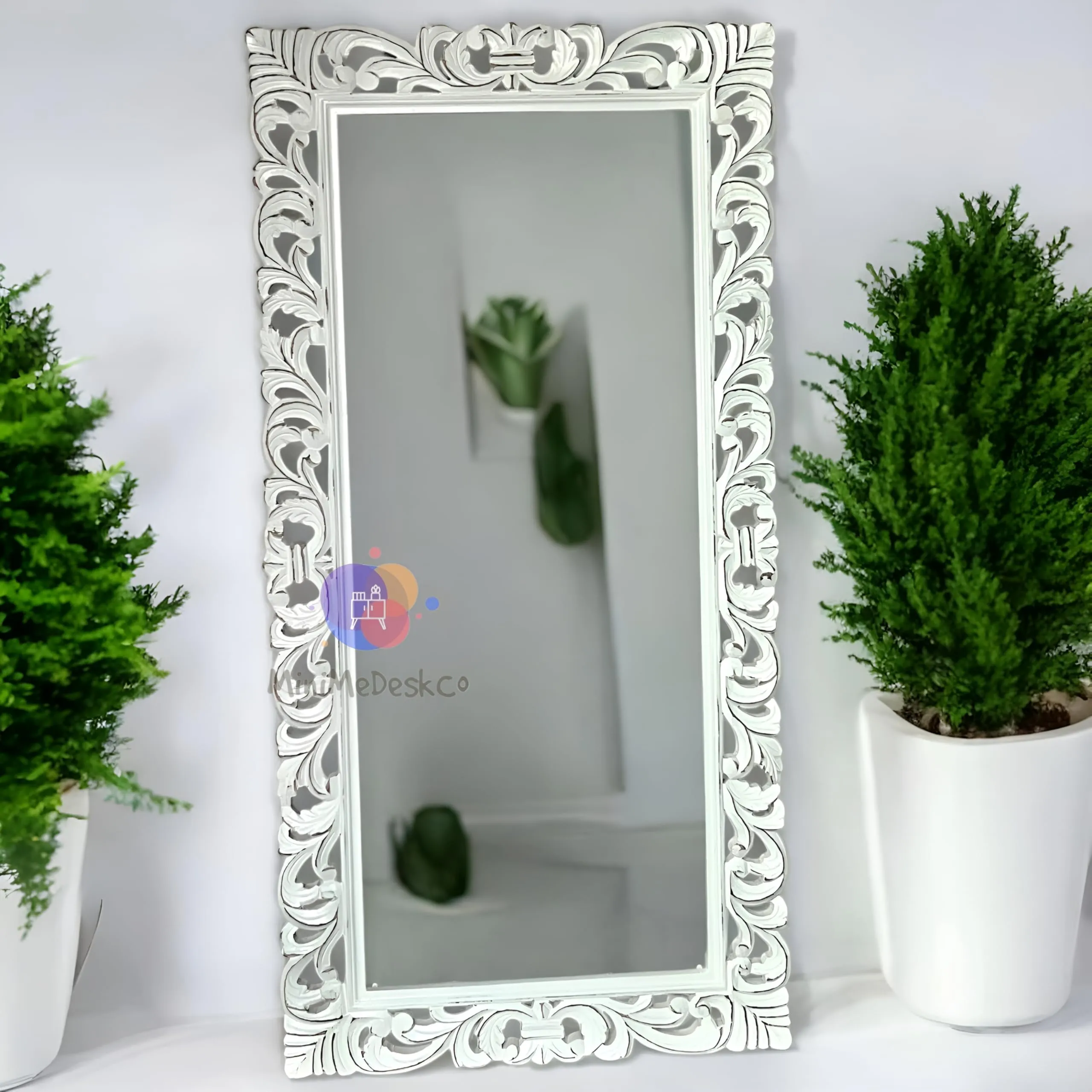 MiniMeDeskCo Horizontal, Vertical, Framed, Rectangular (5X2.5 Feet White) Wooden Carved Mirror Frame Wooden Antique, Wall Hanging Mirror, Wooden Mirror Jharokha, Solid Wood(Mirror not Included)