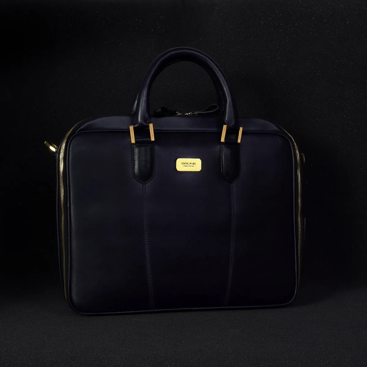 Navy Blue Office Briefcase with Padded Laptop Sleeve in Genuine Leather