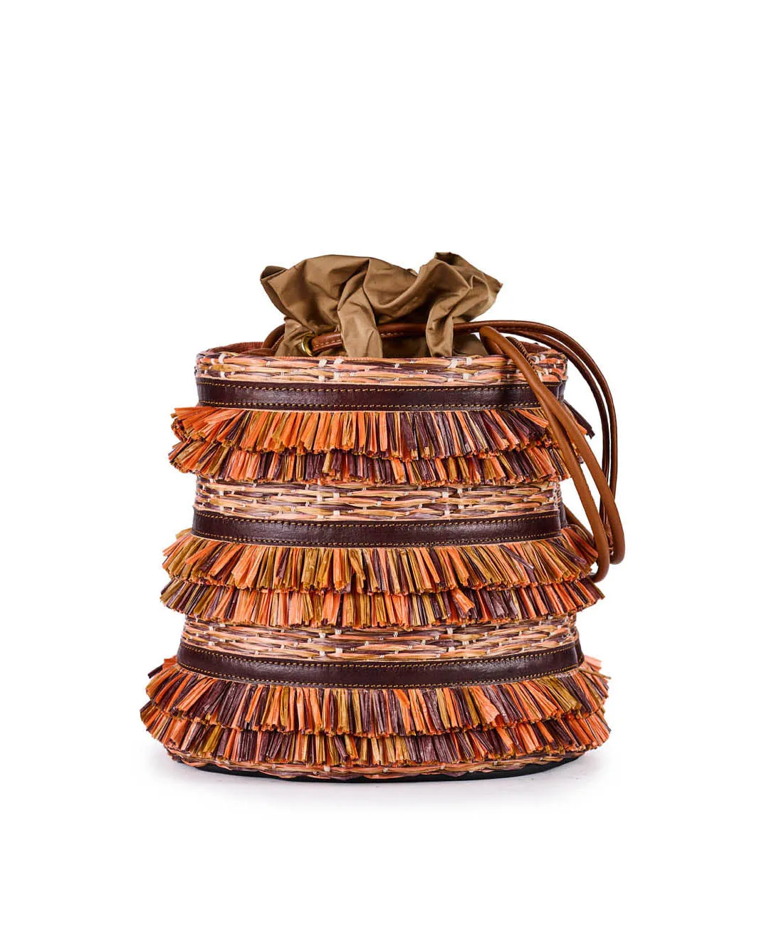 Nicole Rafia Brown Fringed Bucket Bag