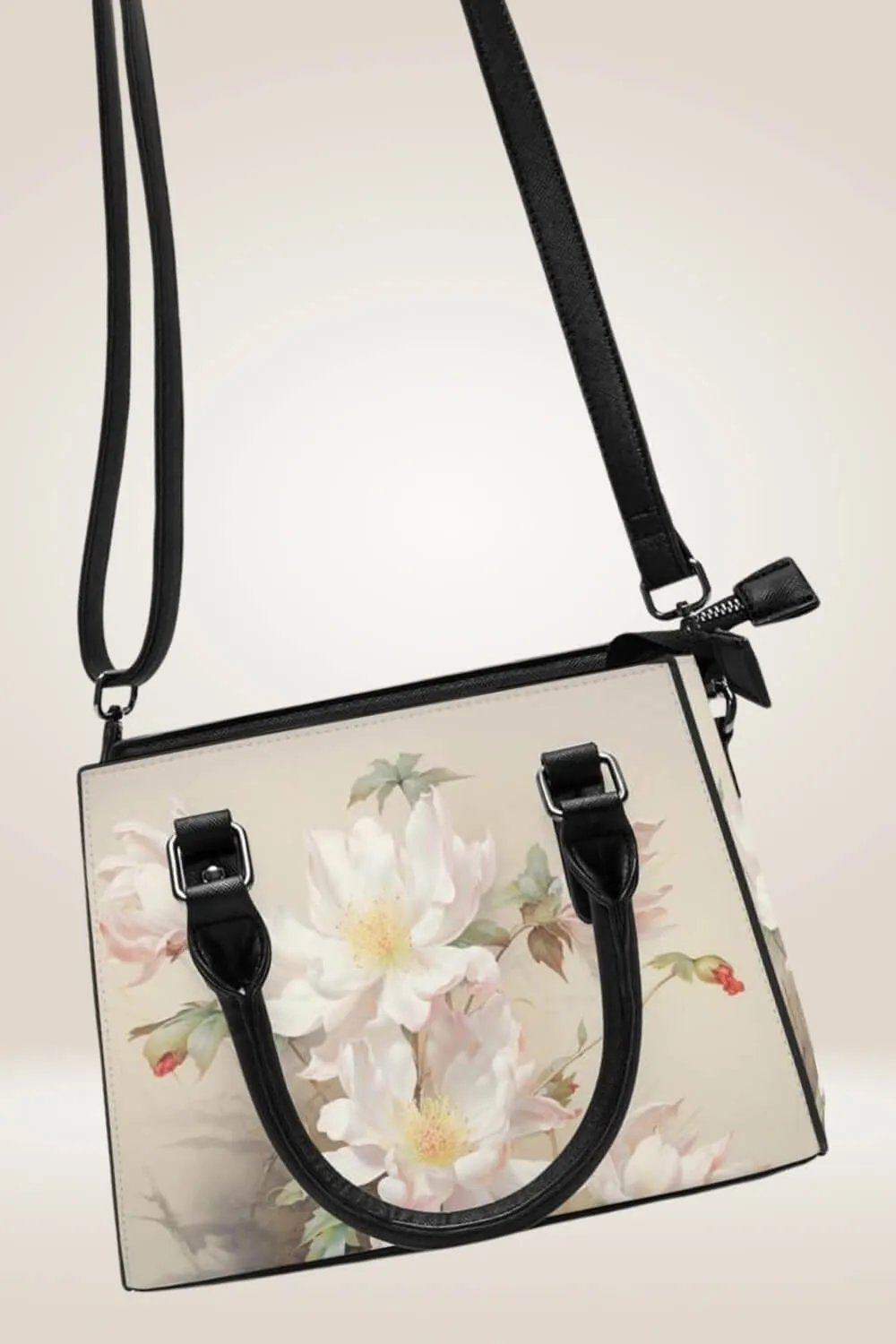 Off White Satchel Bag With Flowers