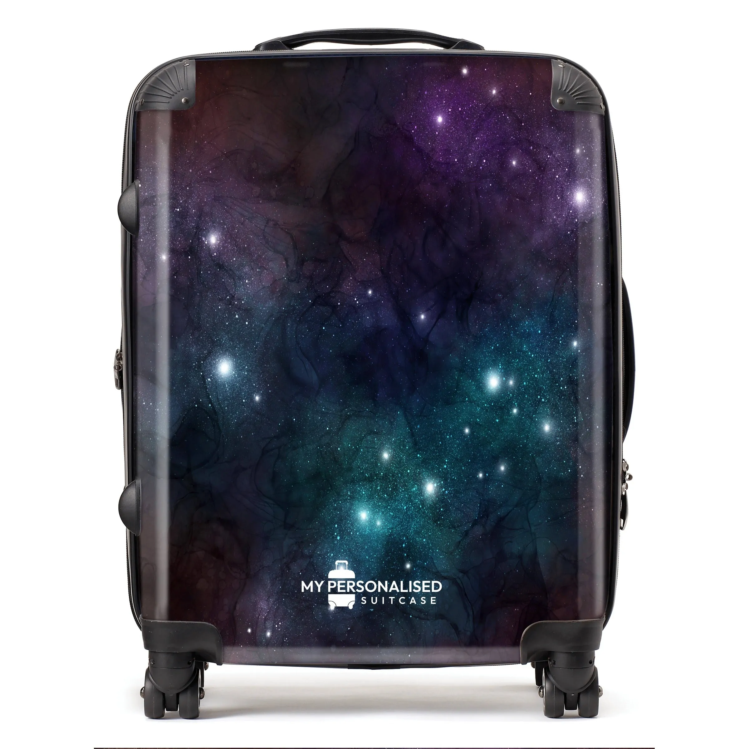 Personalised Awash with Stars Neon Blue and Purple Suitcase