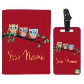 Personalised Passport Cover and Baggage Tag Combo - Small Owls Red