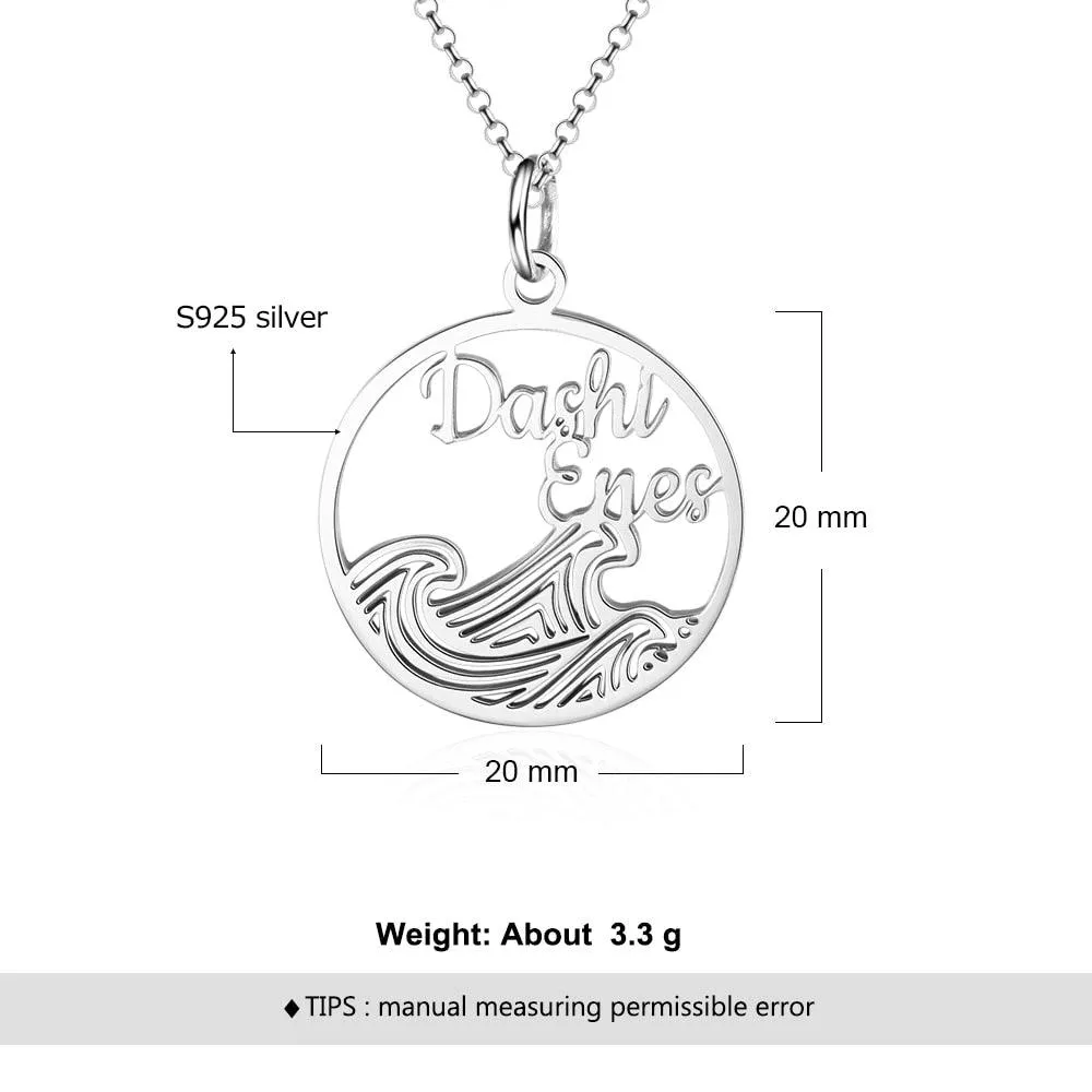 Personalized 925 Sterling Silver Necklace For Women With Wave Shape Customized 2 Names Circle Pendant, Anniversary Gift