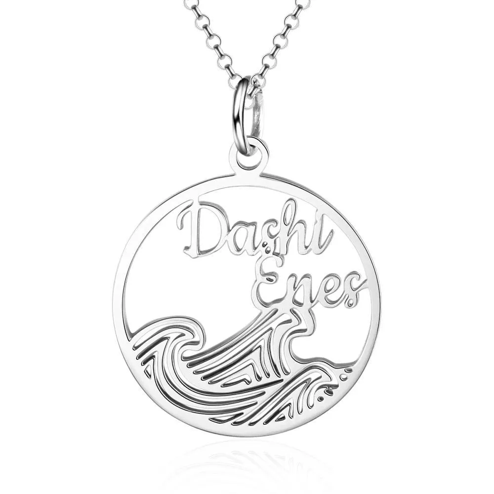 Personalized 925 Sterling Silver Necklace For Women With Wave Shape Customized 2 Names Circle Pendant, Anniversary Gift