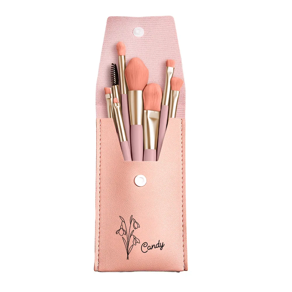 Personalized Birth Flower Leather Makeup Brush Bag with 8 Pcs Makeup Brushes Birthday Gift for Her