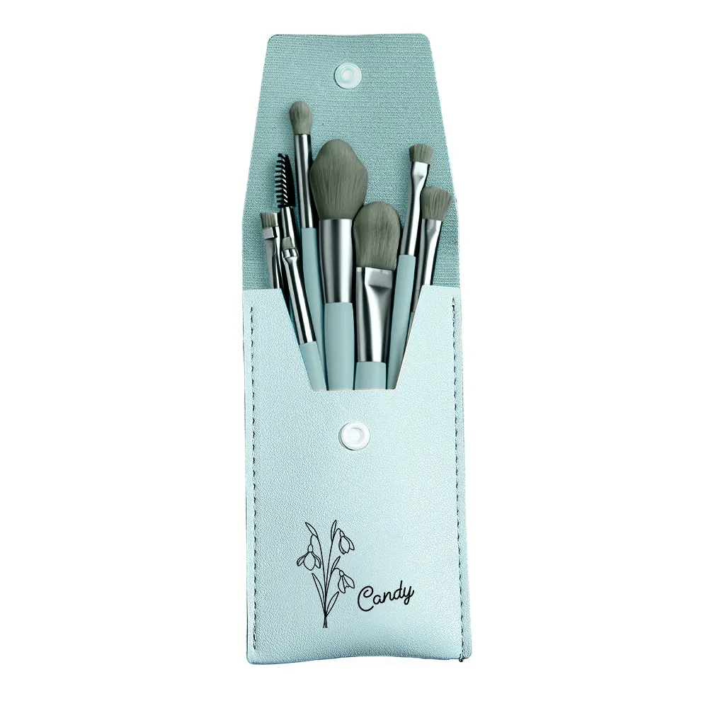 Personalized Birth Flower Leather Makeup Brush Bag with 8 Pcs Makeup Brushes Birthday Gift for Her