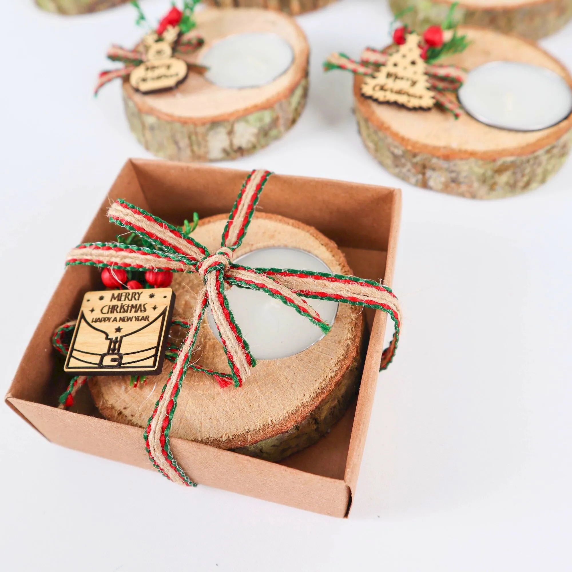 Personalized Christmas Wooden Tealight Holder Favor, New Year Noel Gift