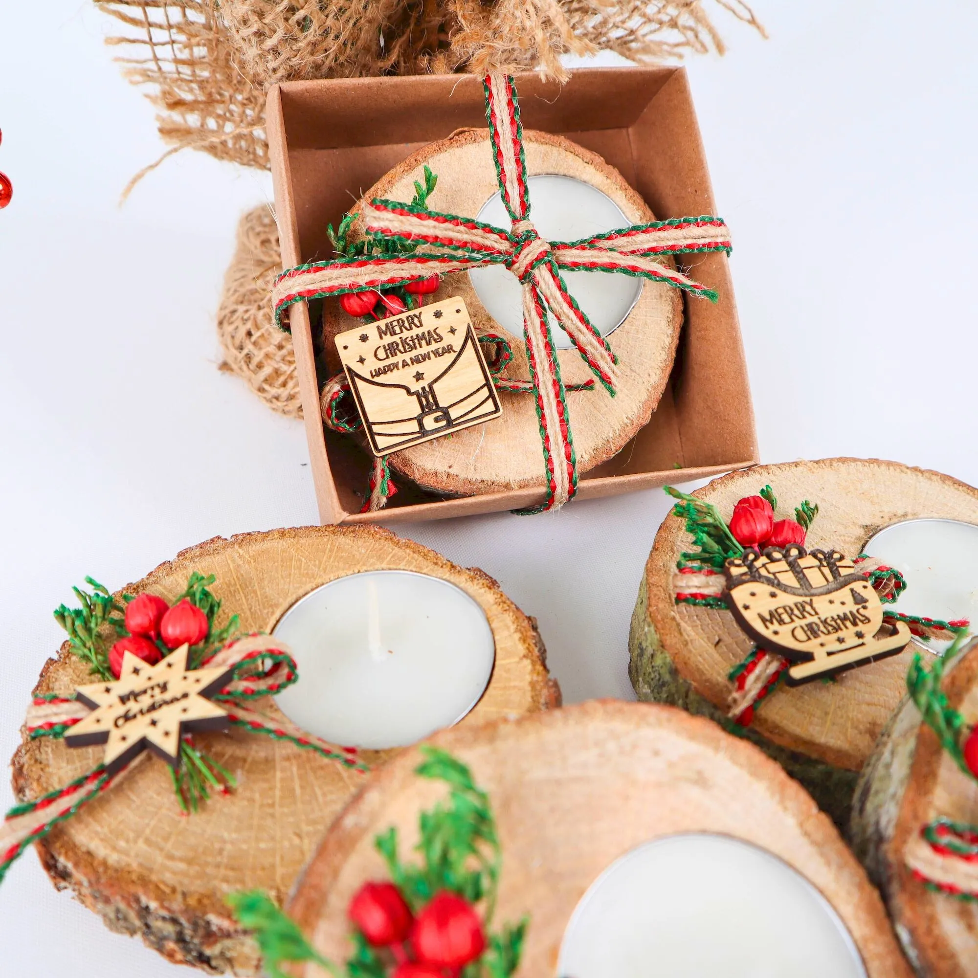 Personalized Christmas Wooden Tealight Holder Favor, New Year Noel Gift