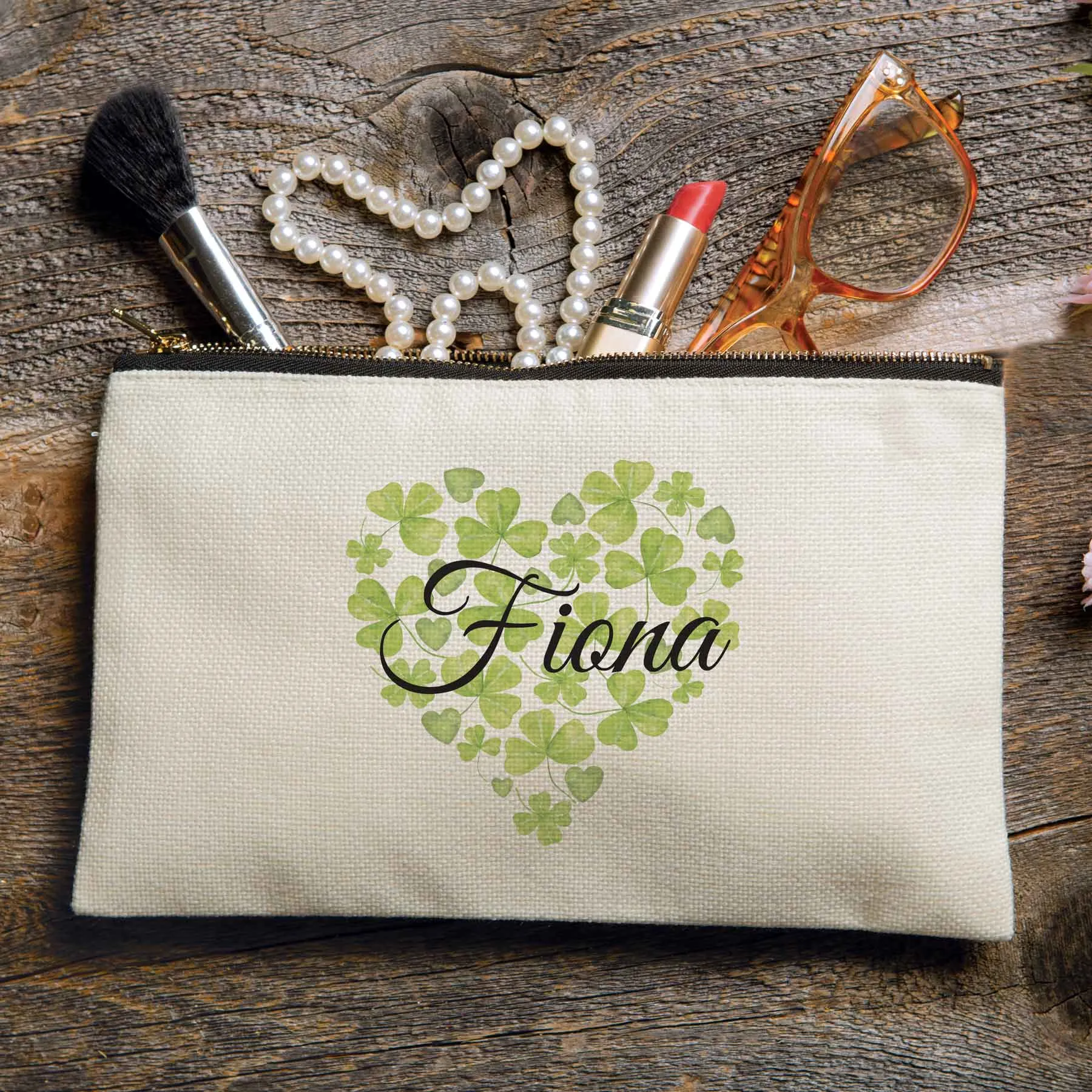 Personalized Shamrock Heart Makeup Bag