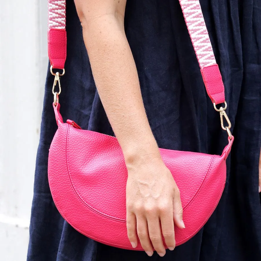 Pink Vegan Leather half moon bag with zig-zag strap