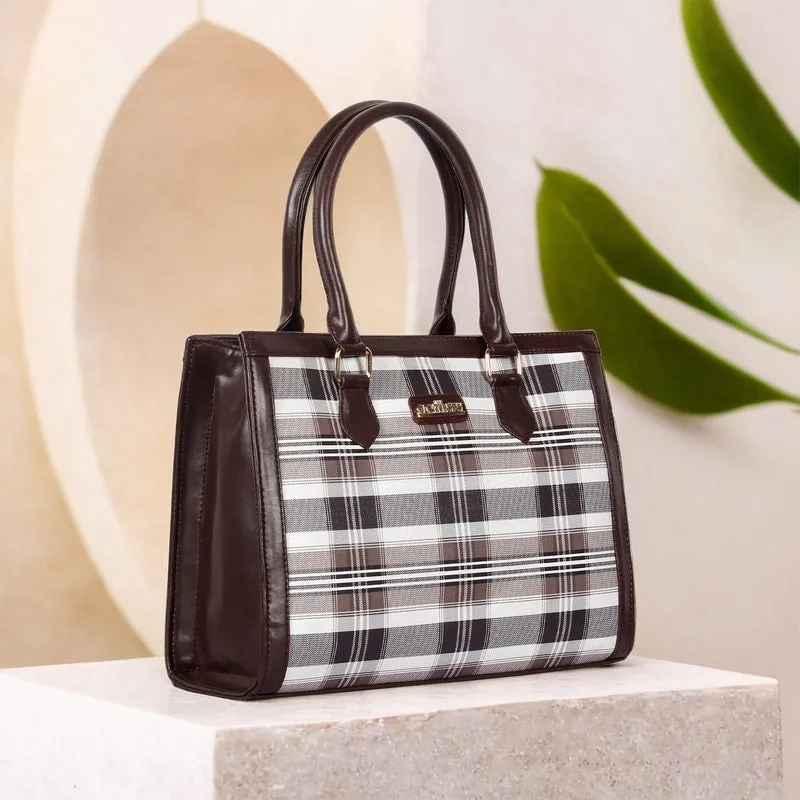 Premium Faux Leather Handbag - Stylish Checks Design | 10L Capacity | Alvis Dark Brown