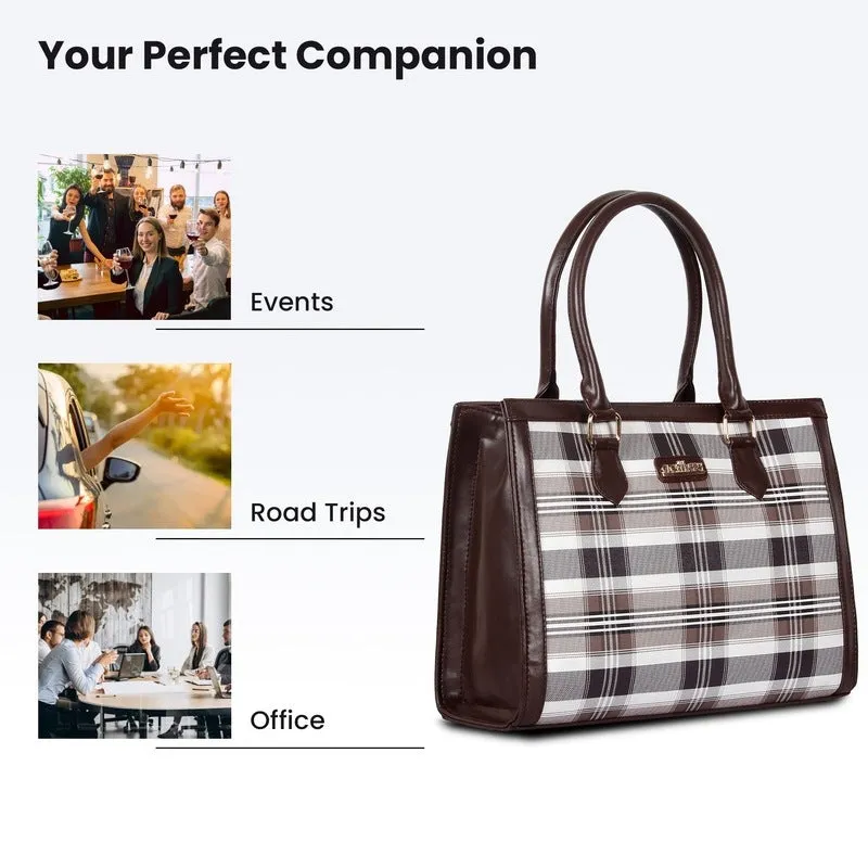 Premium Faux Leather Handbag - Stylish Checks Design | 10L Capacity | Alvis Dark Brown