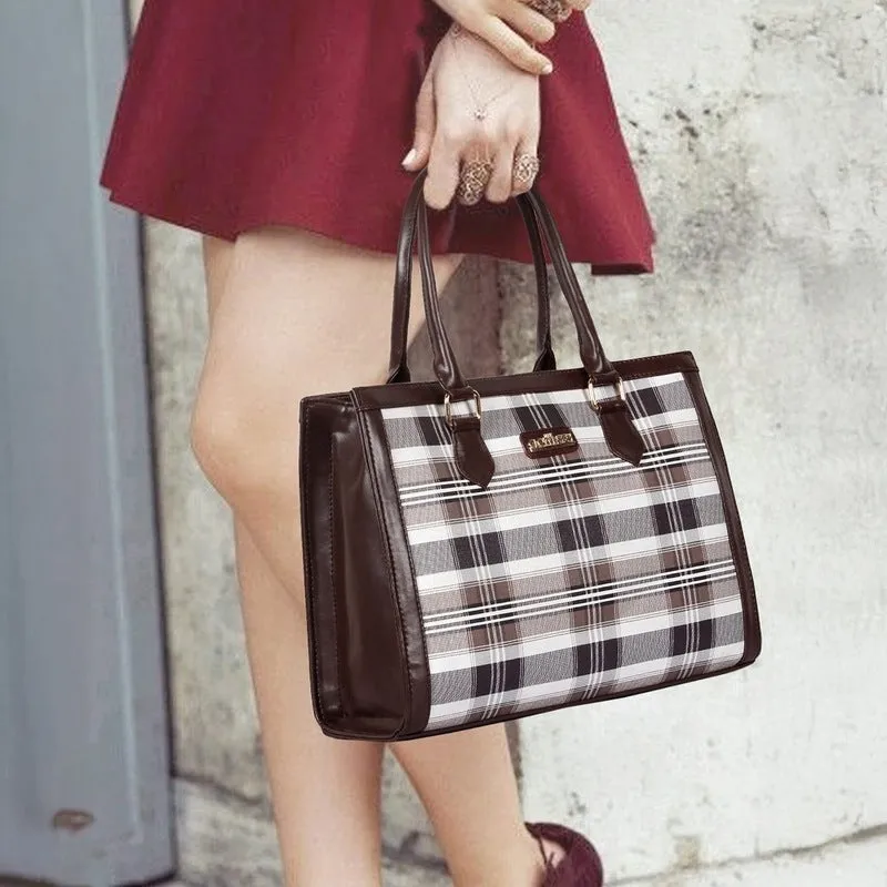 Premium Faux Leather Handbag - Stylish Checks Design | 10L Capacity | Alvis Dark Brown