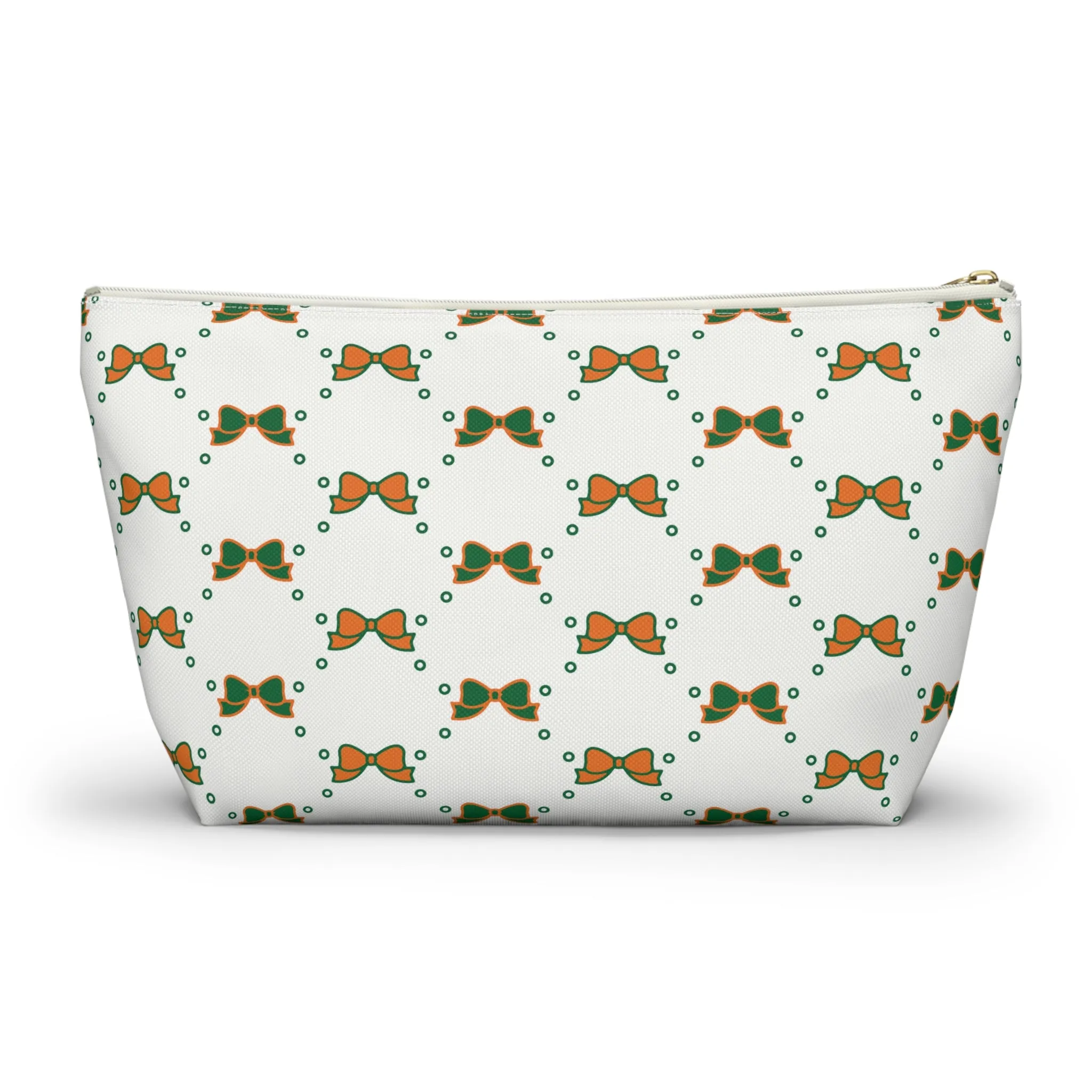 Pretty Little Bow Makeup Bag - Graduation Gift, Bed Party Gift, Acceptance Gift, College Gift, Bow Aesthetic, Miami Canes, Orange & Green