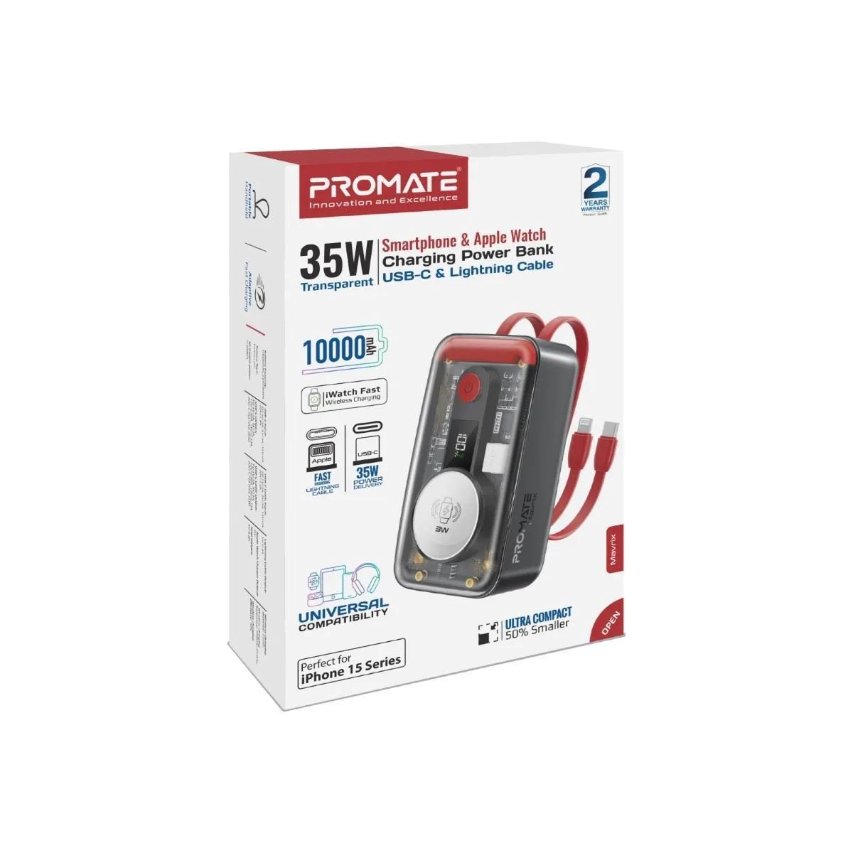 PROMATE 10000mAh 4-In-1 Smartphone & Apple Watch Charging Power Bank